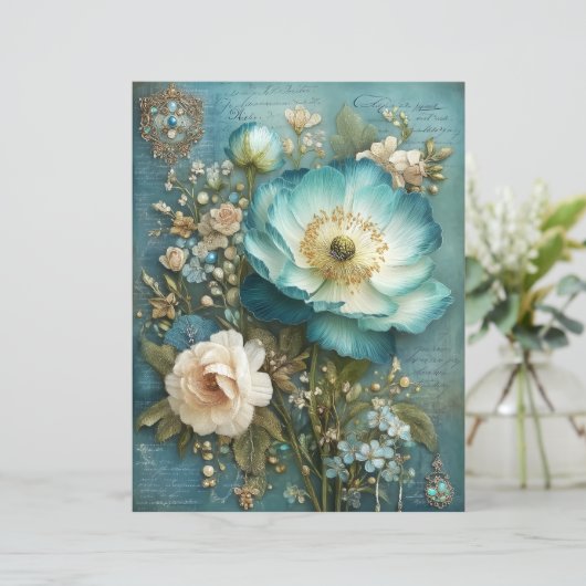Teal Turquoise Flower Junk Journal Scrapbook Paper (スタンド正面)