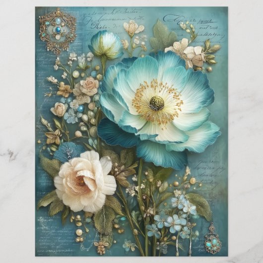 Teal Turquoise Flower Junk Journal Scrapbook Paper (正面)