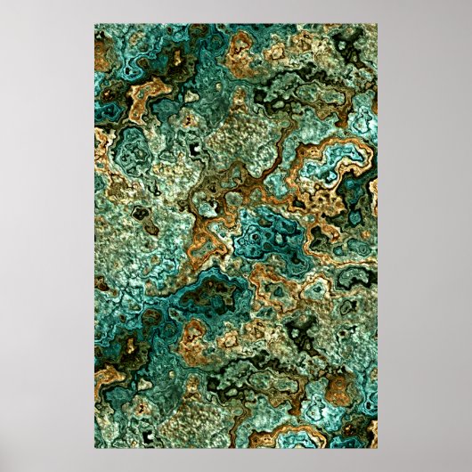 Teal Turquoise Gold Brown Minerals Marble Pattern ポスター (正面)