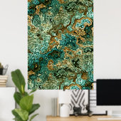 Teal Turquoise Gold Brown Minerals Marble Pattern ポスター (ホームオフィス)