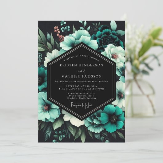 Teal Twilight Bloom Wedding 招待状 (スタンド正面)