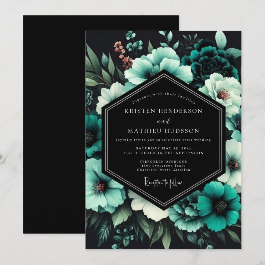 Teal Twilight Bloom Wedding 招待状 (正面/裏面)