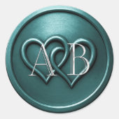 Teal Two Hearts Silver Monogram Wedding ラウンドシール (正面)