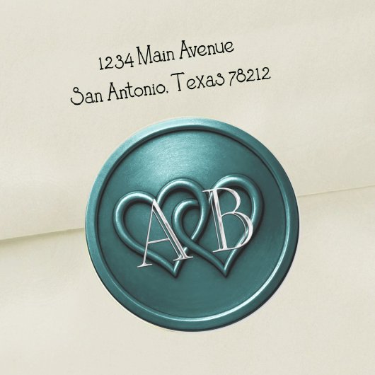 Teal Two Hearts Silver Monogram Wedding ラウンドシール
