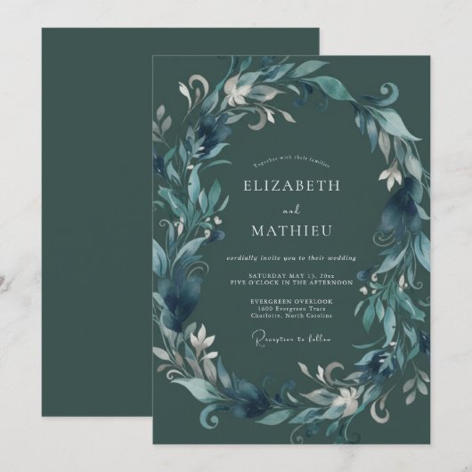 Teal Verdant Laurel Wedding 招待状 (正面/裏面)
