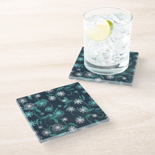 Teal Vine & White Floral Coaster ガラスコースター (アングル)