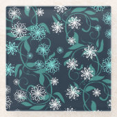 Teal Vine & White Floral Coaster ガラスコースター (正面)