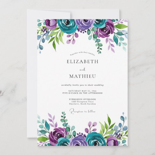Teal Violet Majestic Botanical Wedding 招待状 (正面)
