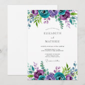 Teal Violet Majestic Botanical Wedding 招待状 (正面/裏面)