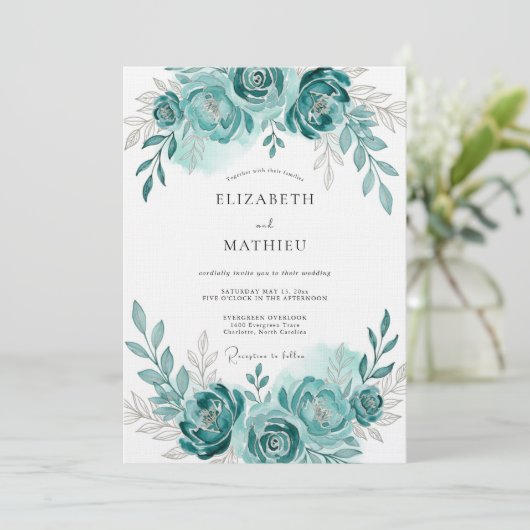 Teal Watercolor Bloom Romance Wedding 招待状 (スタンド正面)