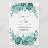 Teal Watercolor Bloom Romance Wedding 招待状 (正面)