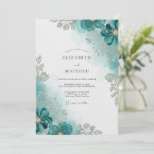 Teal Watercolor Bloom Wedding 招待状 (スタンド正面)