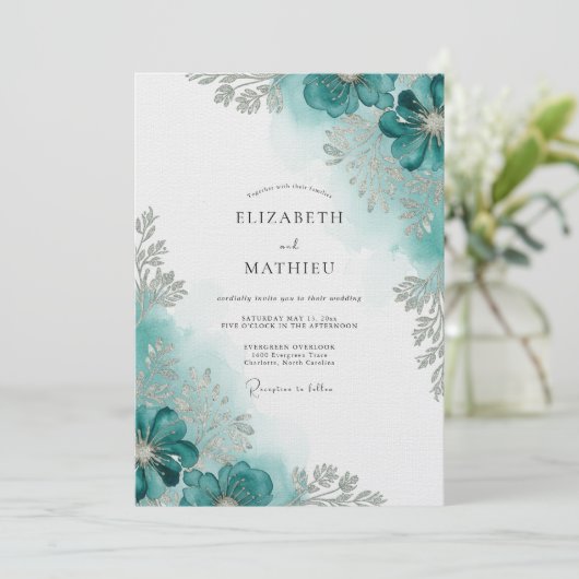 Teal Watercolor Bloom Wedding 招待状 (スタンド正面)