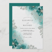 Teal Watercolor Bloom Wedding 招待状 (正面/裏面)