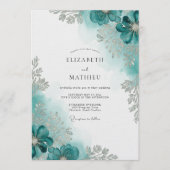 Teal Watercolor Bloom Wedding 招待状 (正面)