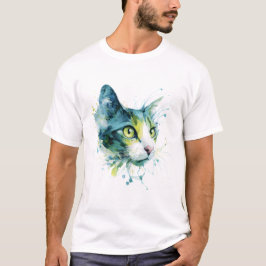 Teal Watercolor Cat Face Abstract Art Poster. Tシャツ
