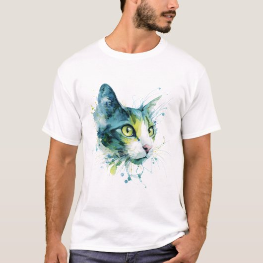 Teal Watercolor Cat Face Abstract Art Poster. Tシャツ (正面)