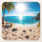 Teal Watercolor Sea Turtle Coastal Zen スクエアペーパーコースター (正面)