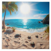 Teal Watercolor Sea Turtle Coastal Zen タイル (正面)