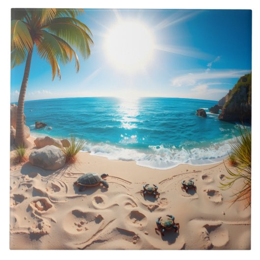 Teal Watercolor Sea Turtle Coastal Zen タイル (正面)