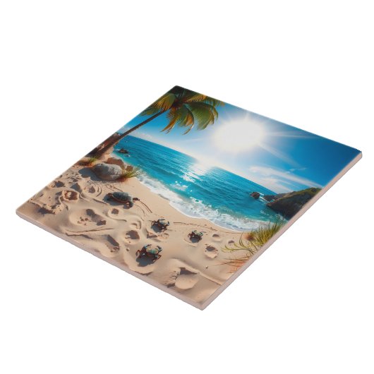 Teal Watercolor Sea Turtle Coastal Zen タイル (側面)