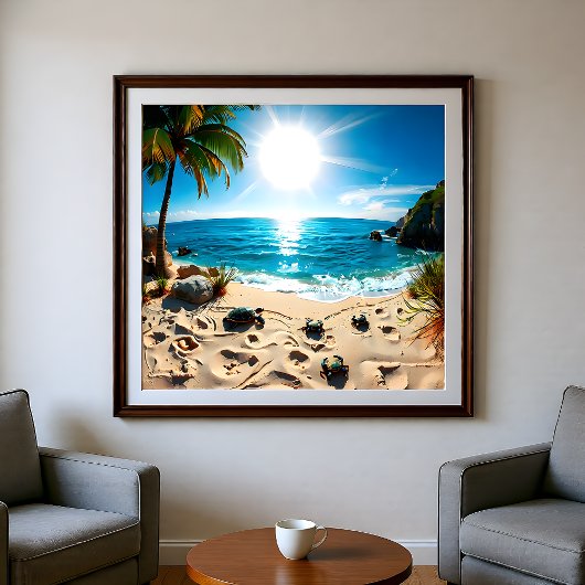 Teal Watercolor Sea Turtle Coastal Zen フォトプリント