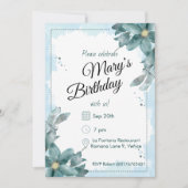 Teal Watercolour Florals Birthday 招待状 (正面)