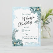 Teal Watercolour Florals Birthday 招待状 (スタンド正面)