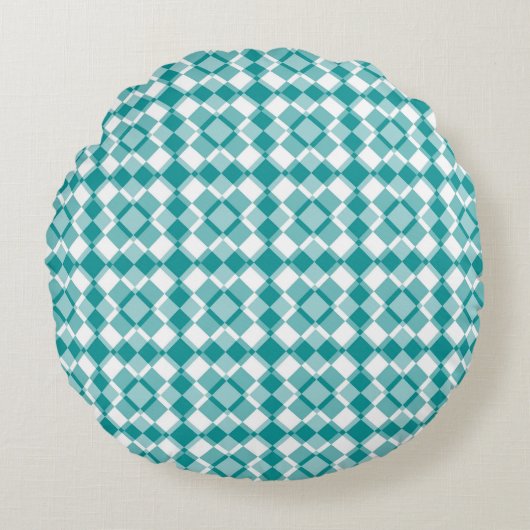 Teal White Checker Argyle Pattern ラウンドクッション (正面)