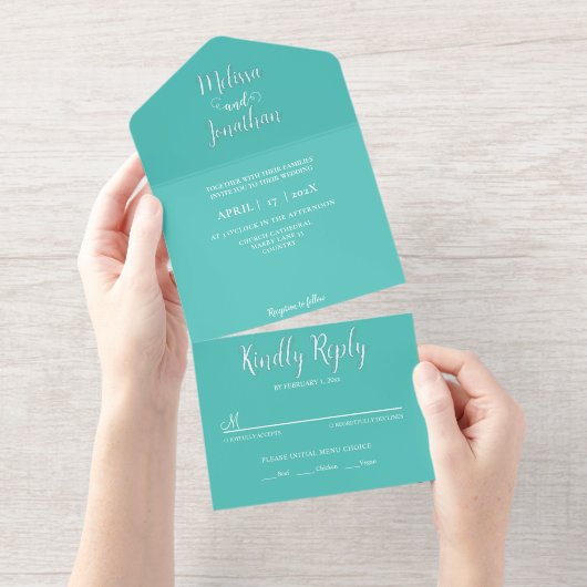 Teal White Elegant Wedding Bride and Groom Foil オールインワン招待状 (切り取り部)