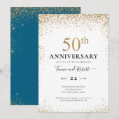 Teal White Gold 50th Wedding Anniversary 招待状 (正面/裏面)