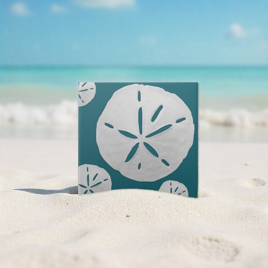Teal & White Tropical Beach Sand Dollar タイル