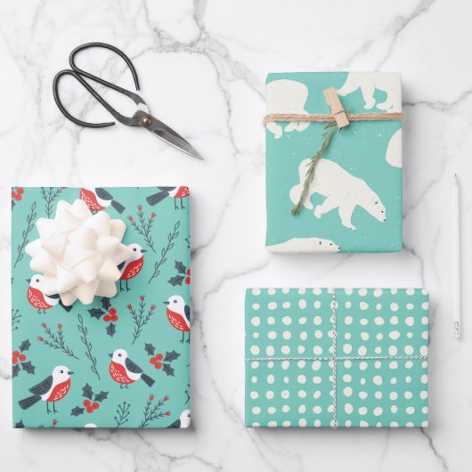 Teal Winter Christmas Theme Patterned Gift ラッピングペーパーシート (正面)