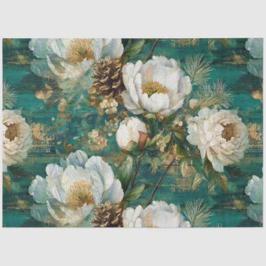 Teal Winter Peony Seamless Decoupage 薄葉紙 (正面)