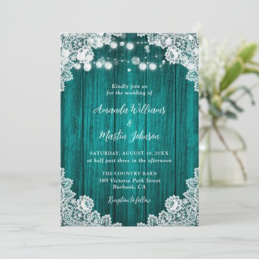 Teal Wood Floral Lace String Lights Rustic Wedding 招待状 (スタンド正面)