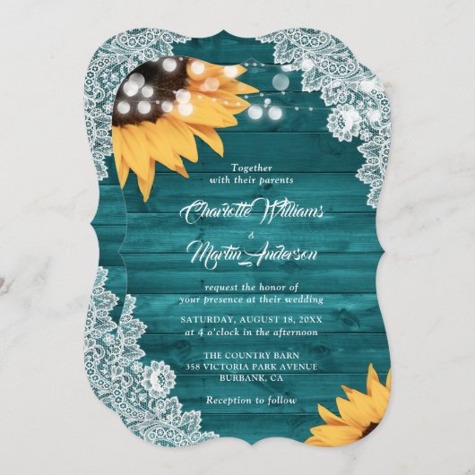 Teal Wood Lace String Lights Sunflower Wedding 招待状 (正面/裏面)