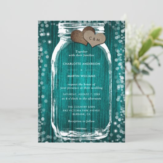 Teal Wood Mason Jar Rustic Fall Wedding 招待状 (スタンド正面)