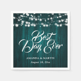 Teal Wood String Lights Rustic Wedding スタンダードカクテルナプキン