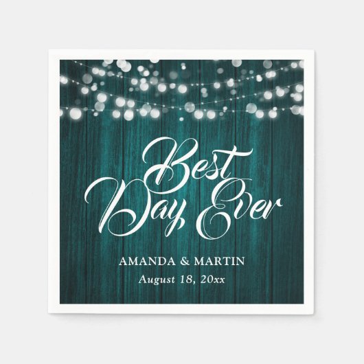 Teal Wood String Lights Rustic Wedding スタンダードカクテルナプキン (正面)