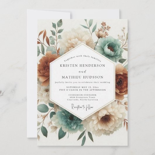 Teal Woodland Bloom Wedding 招待状 (正面)