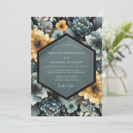 Teal Yellow Blossom Romance Wedding 招待状 (スタンド正面)