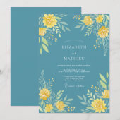 Teal Yellow Blossom Romance Wedding 招待状 (正面/裏面)