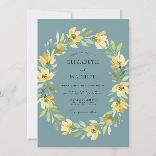 Teal Yellow Blossom Whimsical Wedding 招待状 (正面)