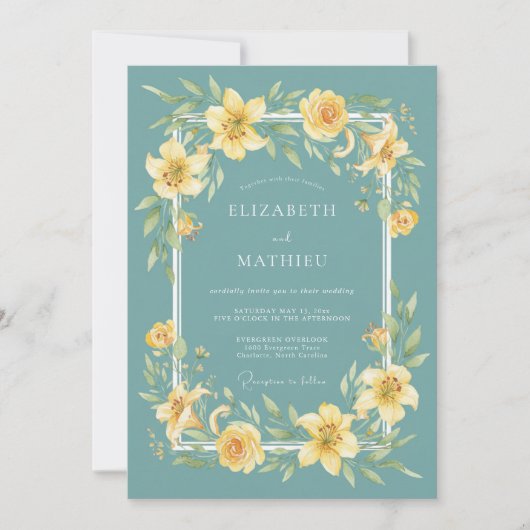 Teal Yellow Botanical Flourish Wedding 招待状 (正面)