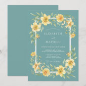 Teal Yellow Botanical Flourish Wedding 招待状 (正面/裏面)