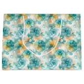 Teal Yellow Floral Alcohol Ink Style Pattern ラージペーパーバッグ (正面)