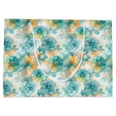Teal Yellow Floral Alcohol Ink Style Pattern ラージペーパーバッグ (裏面)