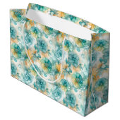 Teal Yellow Floral Alcohol Ink Style Pattern ラージペーパーバッグ (裏面アングル)
