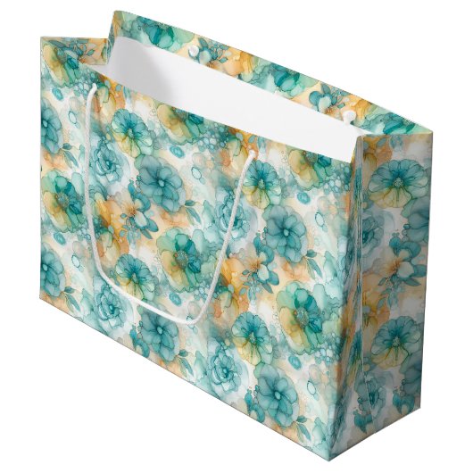 Teal Yellow Floral Alcohol Ink Style Pattern ラージペーパーバッグ (正面アングル)