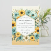 Teal Yellow Floral Bloom Wedding 招待状 (スタンド正面)